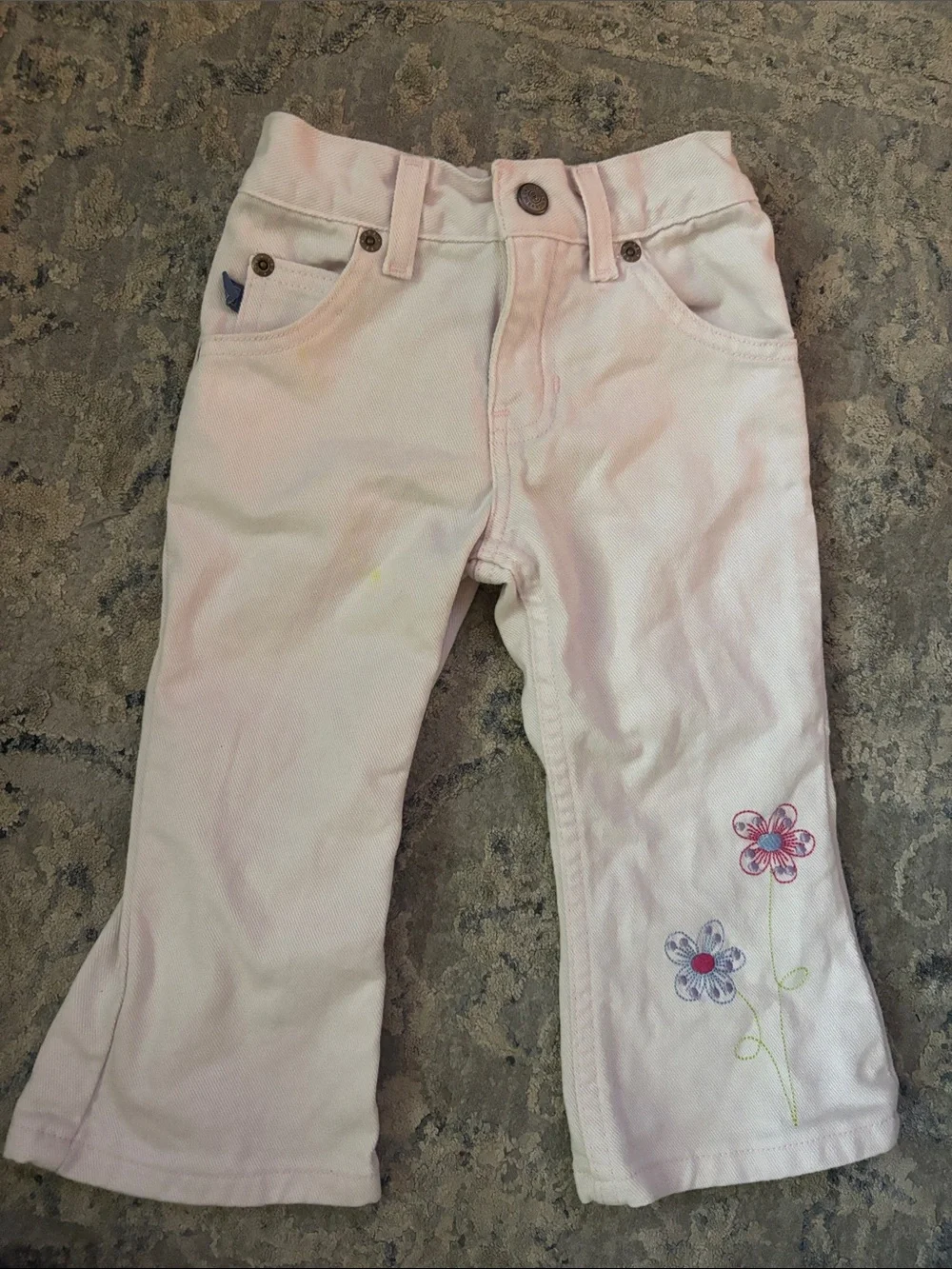 Girls' Light Pink Floral Embroidered Cotton Jeans Pants